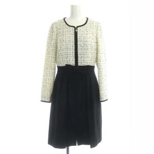 リボン付きツイードドッキングワンピース 膝丈 長袖 前開き ラメ 切替 38 白 黒 ホワイト ブラック