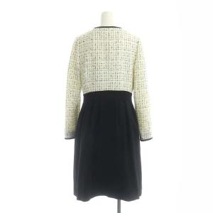 M'S GRACY リボン付きツイードドッキングワンピース 膝丈 長袖 前開き ラメ 切替 38 白 黒 ホワイト ブラック