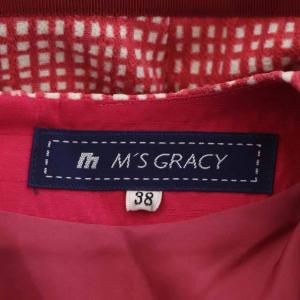 M'S GRACY フラワーチェック柄ワンピース 長袖 ミモレ丈 フレア タック 38 ピンク ホワイト
