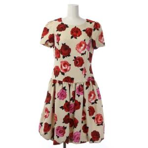 バルーンローズフラワーリボンワンピース 半袖 ミモレ丈 フレア 花柄 38 アイボリー 赤 ピンク 緑
