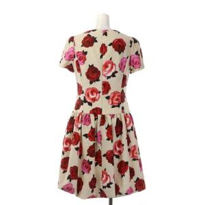 M'S GRACY バルーンローズフラワーリボンワンピース 半袖 ミモレ丈 フレア 花柄 38 アイボリー 赤 ピンク 緑