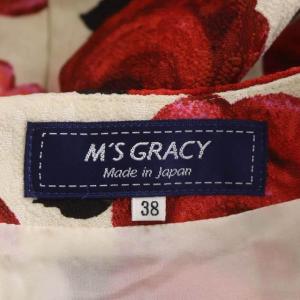 M'S GRACY バルーンローズフラワーリボンワンピース 半袖 ミモレ丈 フレア 花柄 38 アイボリー 赤 ピンク 緑