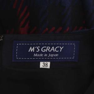 M'S GRACY チェック柄リボンワンピース 半袖 ミモレ丈 フレア 38 黒 青 ピンク