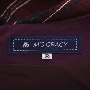 M'S GRACY リボンチェック柄ワンピース 半袖 ミモレ丈 フレア ギャザー 38 ボルドー 紺 白