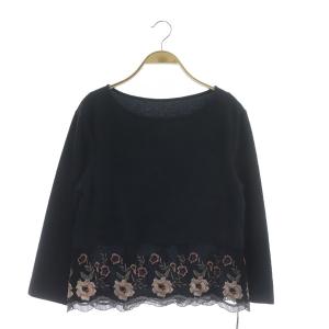 GRACE CONTINENTAL ヘム刺繍トップ カットソー 九分袖 切替 レース 36 ネイビー
