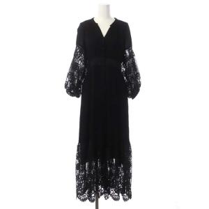 21SS レース切替マキシワンピース 長袖 ロング フレア ウエストリボン 36 ブラック