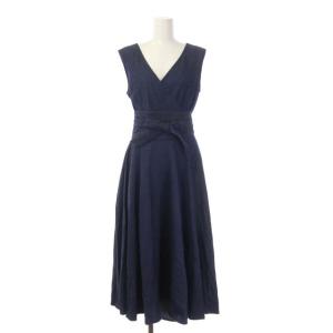 ワンピース デニム ノースリーブ フレア ロング ベルトリボン カシュクール 38 紺 ネイビー