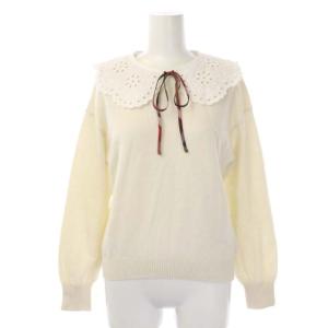 ニット セーター 長袖 ソフトウール 衿付き チェックリボン クルーネック 38 オフホワイト