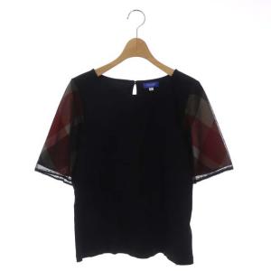 チェック チュールスリーブ カットソー 五分袖 プルオーバー 38 黒 赤 ベージュ