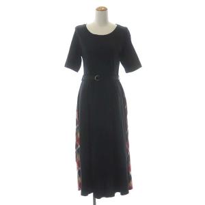 ワンピース カットソー 半袖 フレア ロング サイドチェック ベルト付き クルーネック 38 黒 赤 ブラック レッド