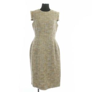 ツイードワンピース タイト ミモレ丈 ノースリーブ ウール 36 ベージュ ライトブルー