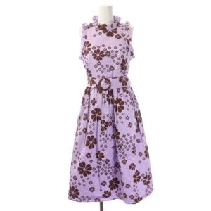 ワンピース ノースリーブ フリル 花柄 ベルト付き ミモレ ロング 0 紫 パープル 茶 ブラウン