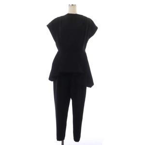 オールインワン テーパードパンツ センタープレス タック フレンチスリーブ ボートネック フレア 38 黒 ブラック