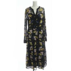 19AW フラワーライン刺繍ワンピース レース スパンコール 長袖 38 ブラック マルチカラー