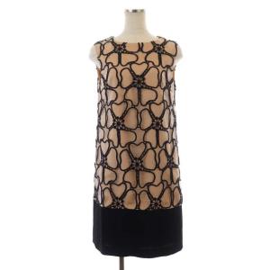 ビッグフラワー刺繍 ワンピース 膝丈 ノースリーブ タイト チュール 36 ピンクベージュ ブラック