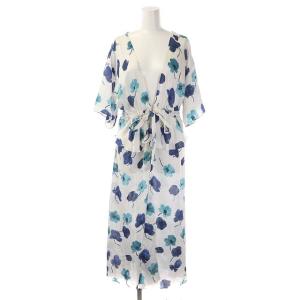 フラワープリントフリルガウン カーディガン ロング 半袖 36 白 青 ホワイト ブルー