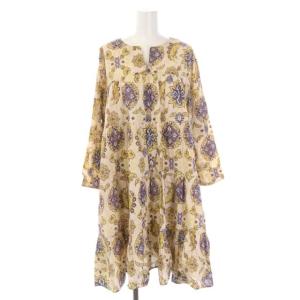 20SS ティアードプリントワンピース ひざ丈 長袖 36 ベージュ 黄 紫 イエロー パープル