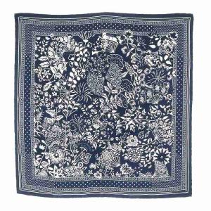 スカーフ カレ55 fleurs et papillons de tissus シルク 紺