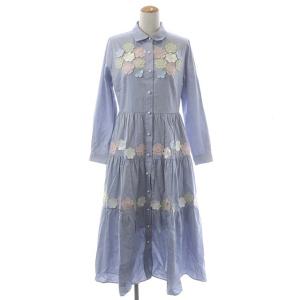 千葉由佳 フラワーレースシャツワンピース 長袖 ティアード ロング パールボタン 1 ブルー