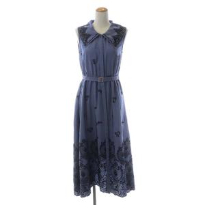 22AW ビッグカラー刺繍ワンピース ロング ノースリーブ ベルト付き 36 ブルー ブラック