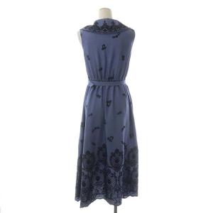 GRACE CONTINENTAL 22AW ビッグカラー刺繍ワンピース ロング ノースリーブ ベルト付き 36 ブルー ブラック