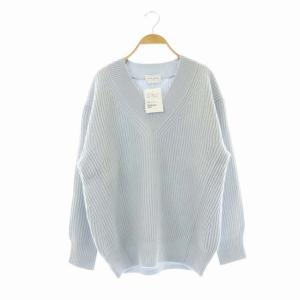 アゼVネックニット セーター プルオーバー 長袖 ウール 水色 ライトブルー