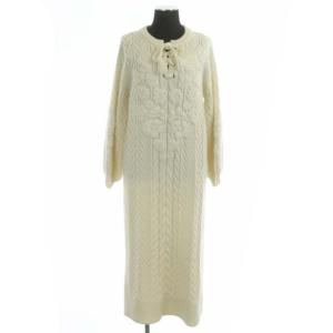 20AW 刺繍ケーブルニットワンピース ロング タイト 長袖 レースアップ ウール混 36 ホワイト