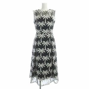 Palm tree ドレス ワンピース ロング フレア タック 刺繍 ノースリーブ クルーネック シアー 36 黒 ブラック