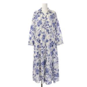 21SS サラサシャツワンピース 長袖 フレア ロング 花柄 38 ホワイト ブルー