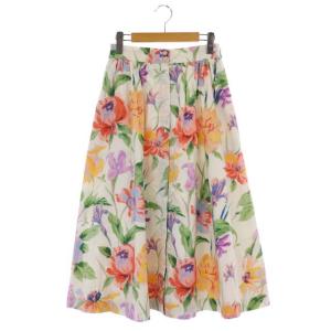 マルチフラワースカート マキシ ロング 比翼ボタン 花柄 38 白 マルチカラー