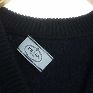 PRADA アルパカ混 ブークレ カーディガン ニット 長袖 ミドル丈 Vネック 40 ネイビー