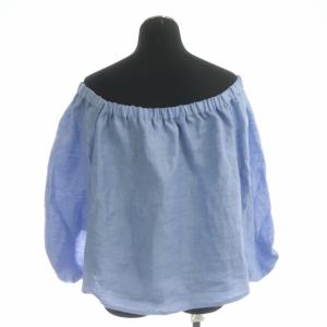 MYLAN Tシャツ カットソー オフショルダー バルンスリーブ 麻 リネン 七分袖 F 水色 スカイブルー