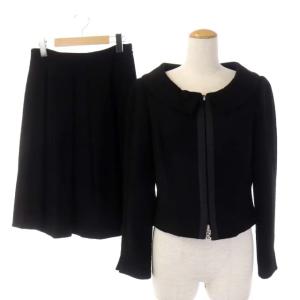 スーツ ツイードセットアップ 上下 ステンカラージャケット ジップアップ フレアスカート ひざ丈 40 38 黒 ブラック