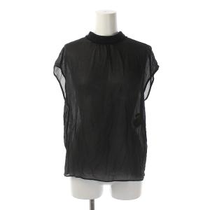 シルクシフォンギャザーブラウス シースルー 半袖 36 黒 ブラック
