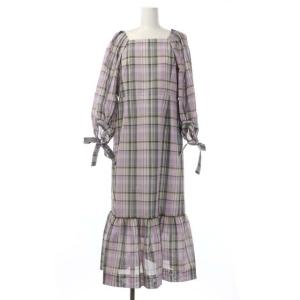 22SS チェックワンピース スクエアネック 長袖 ロング フレア 38 ラベンダー グレー 黄 茶 白