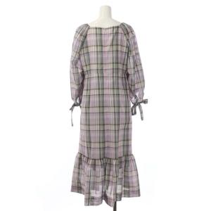 Diagram GRACE CONTINENTAL 22SS チェックワンピース スクエアネック 長袖 ロング フレア 38 ラベンダー グレー 黄 茶 白