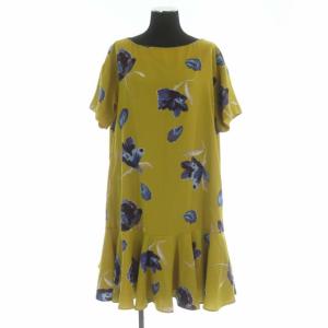 フラワープリント ワンピース 半袖 膝丈 38 マスタード