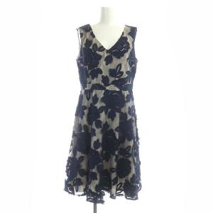 配色ローズレースワンピース 膝丈 ノースリーブ チュール フレア Vネック 38 ネイビー グレージュ