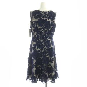 GRACE CONTINENTAL 配色ローズレースワンピース 膝丈 ノースリーブ チュール フレア Vネック 38 ネイビー グレージュ