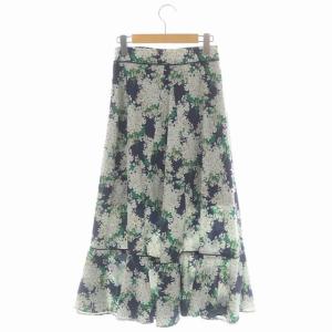 Ameri VINTAGE ロングスカート 切替 フレア パイピング フラワー柄 S 紺 白 緑 ネイビー ホワイト グリーン