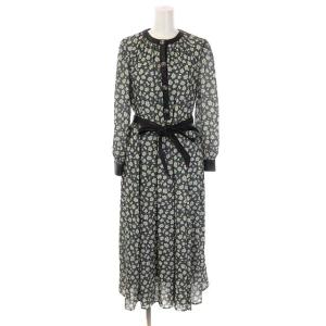 MIA VINTAGE FLOWER DRESS ワンピース ロング 長袖 フレア 花柄 ベルト付き S カーキ グレー 白