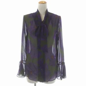 MY ELABORATE TEE フラワー柄ポリエステルブラウス ボウタイ 長袖 総柄 シアー F グリーン ブラウン