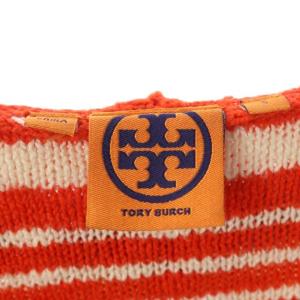 TORY BURCH コットンマルチボーダーニットプルオーバーフーディ カットソー パーカー 長袖 Vネック S 白 ホワイト 赤 レッド 紺 ネイビー