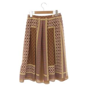 Paul Stuart フレアスカート タック 膝丈 総柄 4 ブラウン ベージュ オレンジ