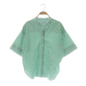 22SS シャツ ノーカラー スキッパー ストライプ コットン 半袖 38 緑 グリーン 白 ホワイト
