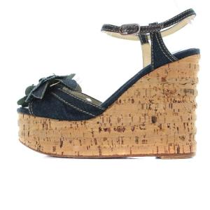 CHANEL デニムカメリア ウェッジソール サンダル ストラップ 36 23cm 紺 ネイビー べージュ