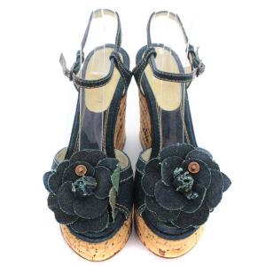 CHANEL デニムカメリア ウェッジソール サンダル ストラップ 36 23cm 紺 ネイビー べージュ