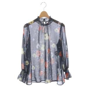 ドットフラワーブラウス プルオーバー シアー 花柄 長袖 38 濃紺 ダークネイビー マルチカラー