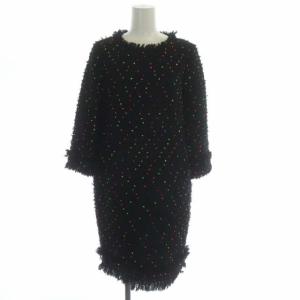フリンジワンピース ツイード 膝丈 長袖 クルーネック ドット ウール混 36 ブラック