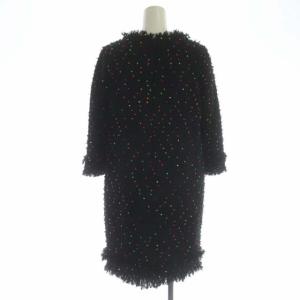GRACE CONTINENTAL フリンジワンピース ツイード 膝丈 長袖 クルーネック ドット ウール混 36 ブラック